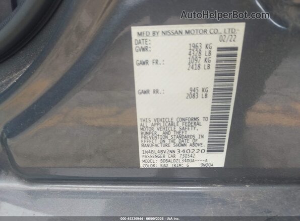 1N4BL4BV2NN340220 2022 NISSAN ALTIMA Gray Շարժիչի բաժամունքի տեսք