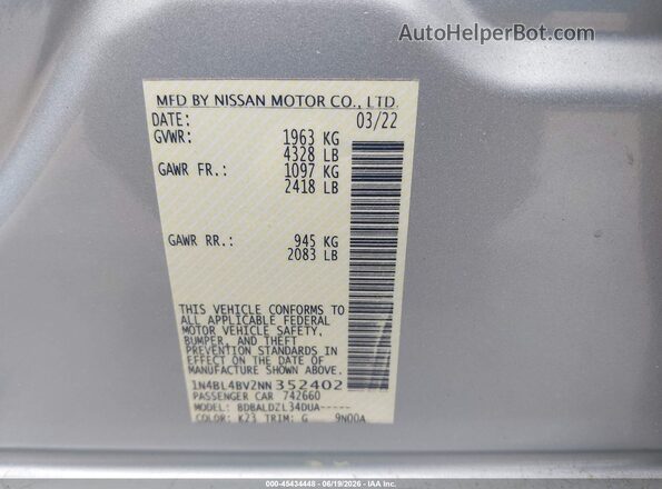 1N4BL4BV2NN352402 2022 NISSAN ALTIMA Silver Engine compartment view