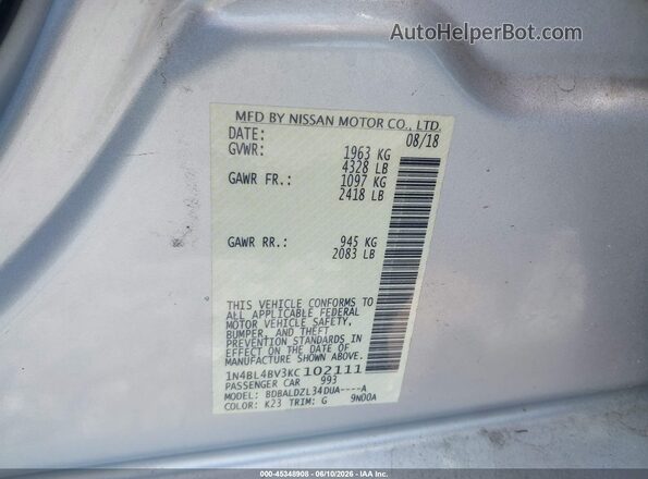 1N4BL4BV3KC102111 2019 NISSAN ALTIMA Silver Շարժիչի բաժամունքի տեսք