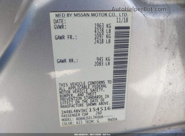 1N4BL4BV3KC154516 2019 NISSAN ALTIMA Серебряный Вид подкапотного пространства