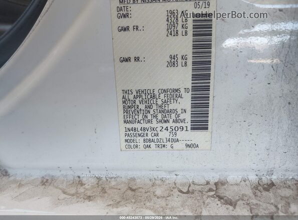 1N4BL4BV3KC245091 2019 NISSAN ALTIMA Белый 