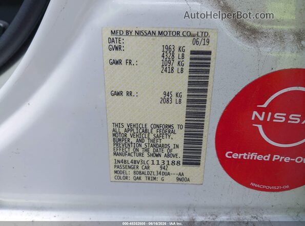 1N4BL4BV3LC113188 2020 NISSAN ALTIMA Белый Вид подкапотного пространства