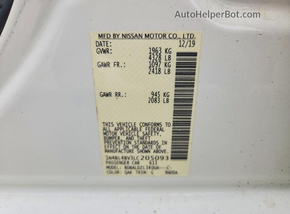 1N4BL4BV3LC205093 2020 NISSAN ALTIMA White VIN sticker view