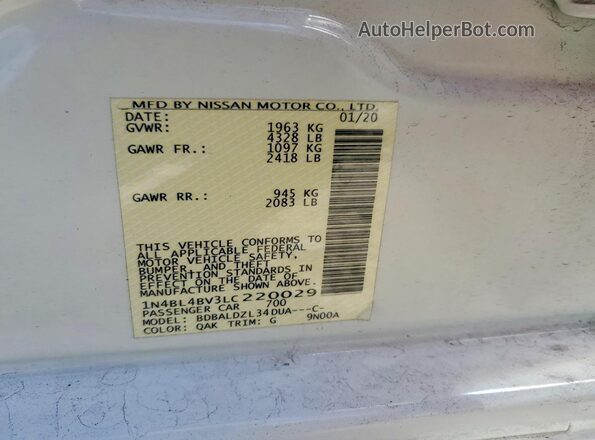 1N4BL4BV3LC220029 2020 NISSAN ALTIMA White Widok naklejki z numerem VIN