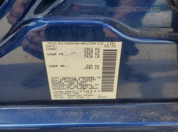 1N4BL4BV3LC250115 2020 NISSAN ALTIMA Blue Vista del compartimento del motor