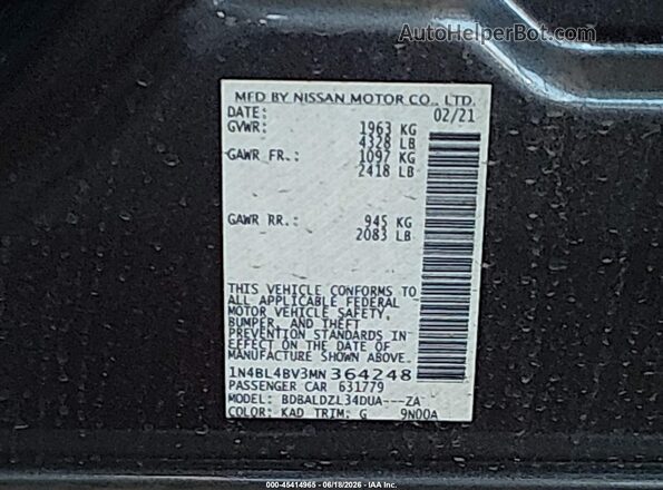 1N4BL4BV3MN364248 2021 NISSAN ALTIMA Gray Vista del compartimento del motor