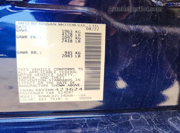 1N4BL4BV3NN423624 2022 NISSAN ALTIMA Blue Вид підкапотного простору