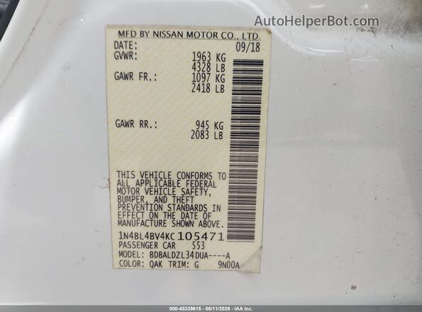 1N4BL4BV4KC105471 2019 NISSAN ALTIMA Белый Вид подкапотного пространства