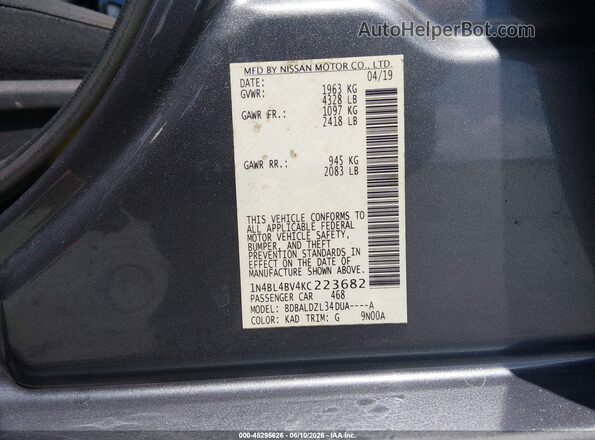 1N4BL4BV4KC223682 2019 NISSAN ALTIMA Gray Вид підкапотного простору