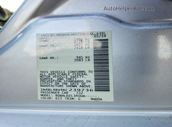1N4BL4BV4KC239736 2019 NISSAN ALTIMA Silver ძრავის განყოფილების ხედი