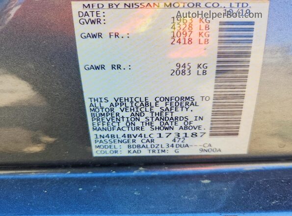 1N4BL4BV4LC173187 2020 NISSAN ALTIMA Gray Vista del compartimento del motor