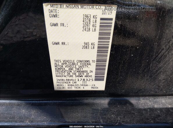 1N4BL4BV4LC178325 2020 NISSAN ALTIMA Black Вид підкапотного простору