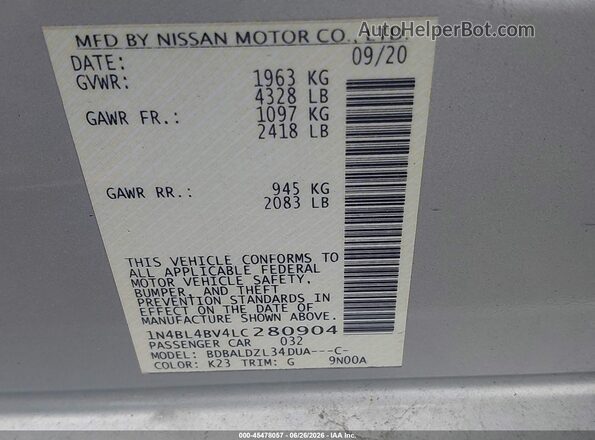 1N4BL4BV4LC280904 2020 NISSAN ALTIMA Silver Engine compartment view