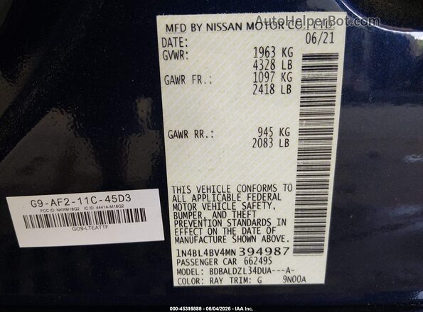 1N4BL4BV4MN394987 2021 NISSAN ALTIMA Blue Вид наклейки з VIN-кодом