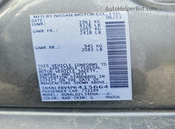 1N4BL4BV4PN415664 2023 NISSAN ALTIMA Gray ძრავის განყოფილების ხედი