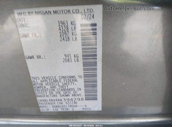1N4BL4BV4RN394298 2024 NISSAN ALTIMA Серый Вид подкапотного пространства