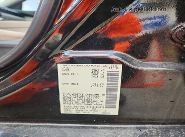 1N4BL4BV5KC141105 2019 NISSAN ALTIMA Black Вид наклейки з VIN-кодом