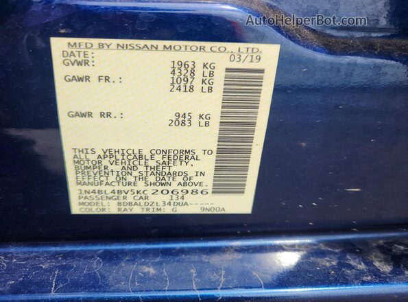1N4BL4BV5KC206986 2019 NISSAN ALTIMA Blue Vista del compartimento del motor