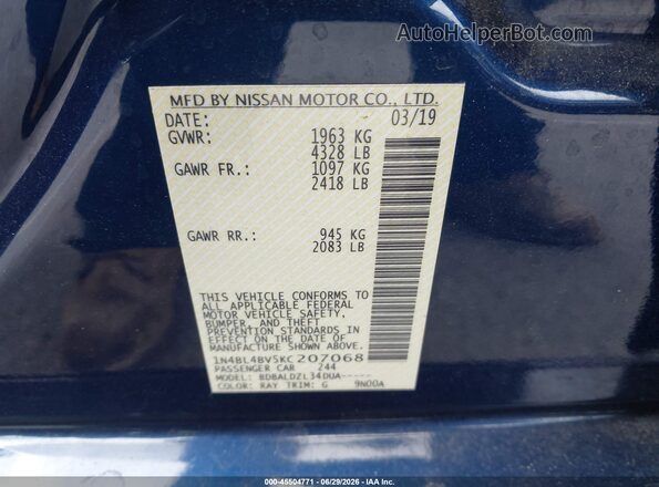 1N4BL4BV5KC207068 2019 NISSAN ALTIMA Blue ძრავის განყოფილების ხედი