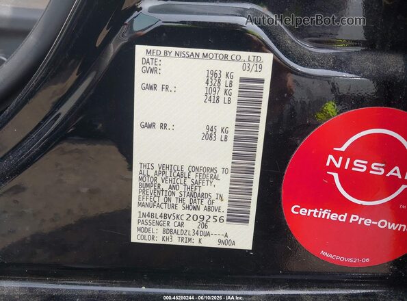 1N4BL4BV5KC209256 2019 NISSAN ALTIMA Black Engine compartment view