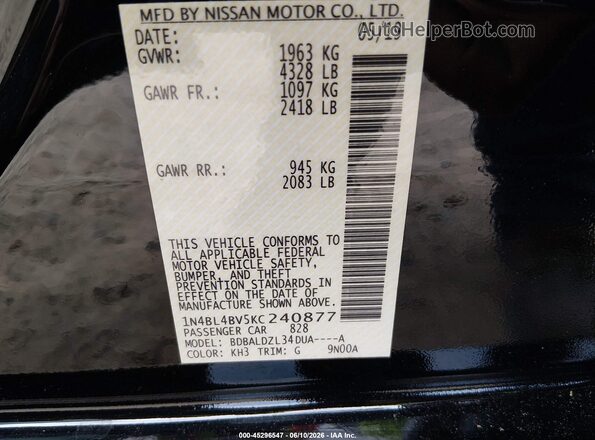 1N4BL4BV5KC240877 2019 NISSAN ALTIMA Black Շարժիչի բաժամունքի տեսք