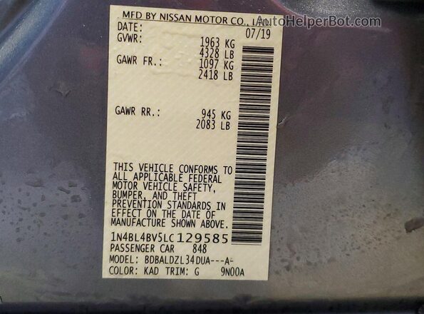 1N4BL4BV5LC129585 2020 NISSAN ALTIMA Серый Вид наклейки с VIN-кодом