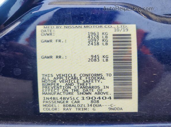 1N4BL4BV5LC190404 2020 NISSAN ALTIMA Blue Вид наклейки з VIN-кодом