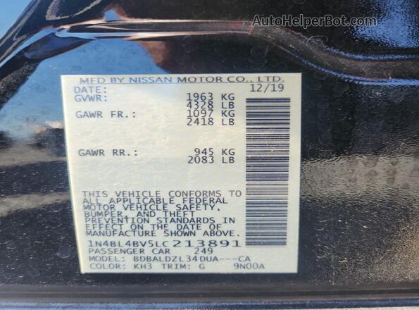 1N4BL4BV5LC213891 2020 NISSAN ALTIMA Black Вид підкапотного простору