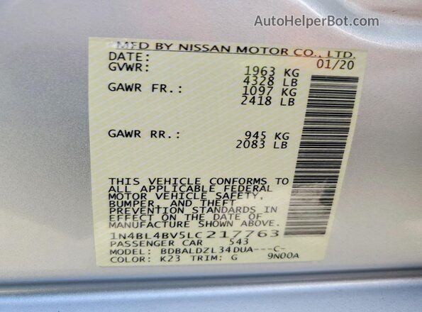 1N4BL4BV5LC217763 2020 NISSAN ALTIMA Silver Vista del compartimento del motor