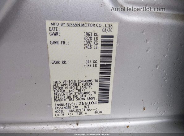 1N4BL4BV5LC269104 2020 NISSAN ALTIMA Silver Widok komory silnika
