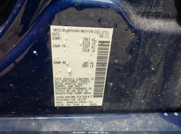 1N4BL4BV5MN393847 2021 NISSAN ALTIMA Blue Vista del compartimento del motor