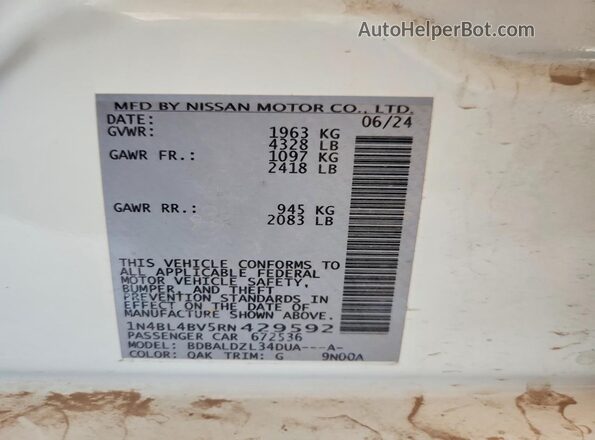 1N4BL4BV5RN429592 2024 NISSAN ALTIMA White VIN կոդի պիտակի տեսք
