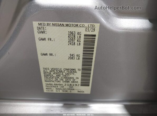 1N4BL4BV6KC218192 2019 NISSAN ALTIMA Silver ძრავის განყოფილების ხედი