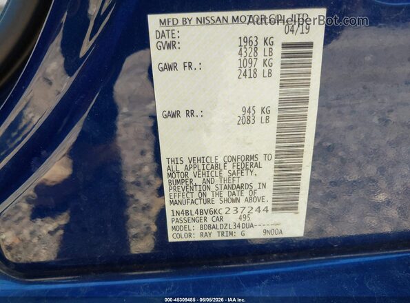 1N4BL4BV6KC237244 2019 NISSAN ALTIMA Blue Շարժիչի բաժամունքի տեսք
