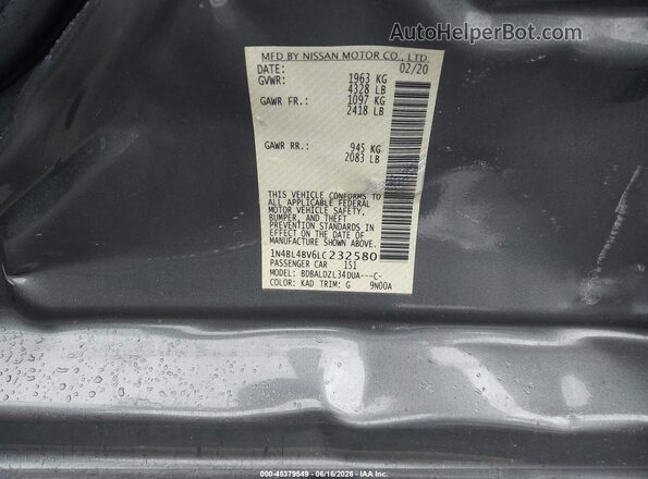 1N4BL4BV6LC232580 2020 NISSAN ALTIMA Gray Շարժիչի բաժամունքի տեսք