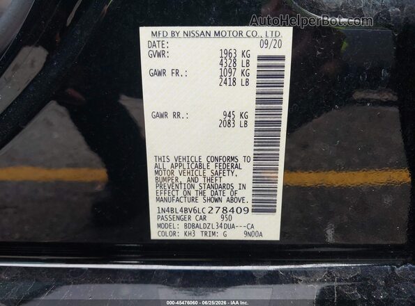 1N4BL4BV6LC278409 2020 NISSAN ALTIMA Черный Вид подкапотного пространства
