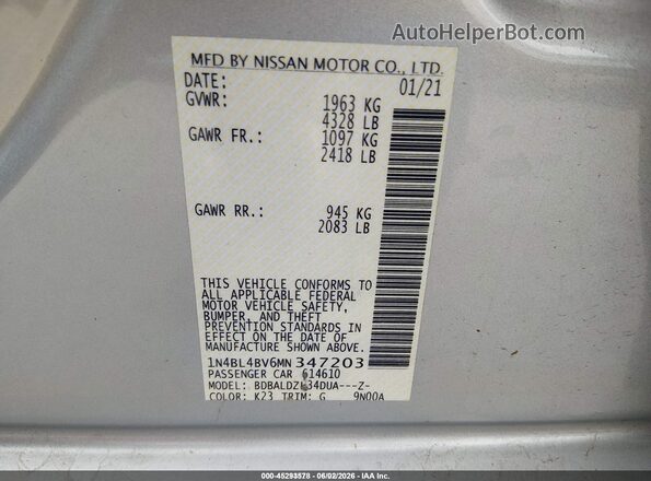 1N4BL4BV6MN347203 2021 NISSAN ALTIMA Silver Вид підкапотного простору
