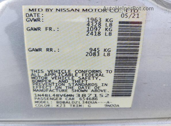 1N4BL4BV6MN387152 2021 NISSAN ALTIMA Silver Вид наклейки з VIN-кодом