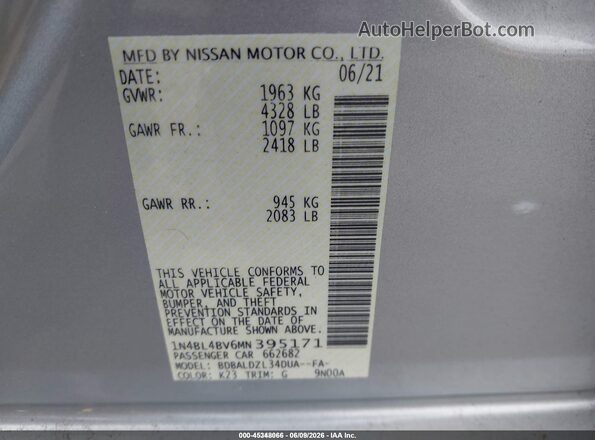 1N4BL4BV6MN395171 2021 NISSAN ALTIMA Серебряный Вид подкапотного пространства