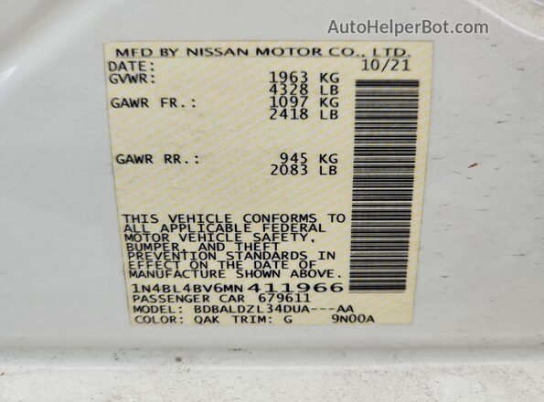 1N4BL4BV6MN411966 2021 NISSAN ALTIMA White Vista de la etiqueta del VIN