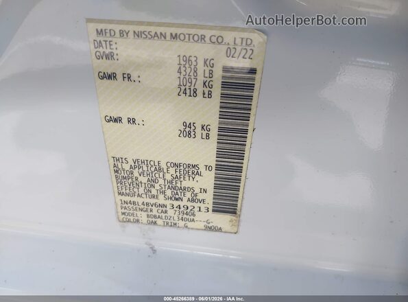 1N4BL4BV6NN349213 2022 NISSAN ALTIMA White ძრავის განყოფილების ხედი