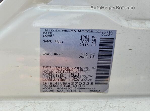 1N4BL4BV6RN370228 2024 NISSAN ALTIMA Белый Вид наклейки с VIN-кодом