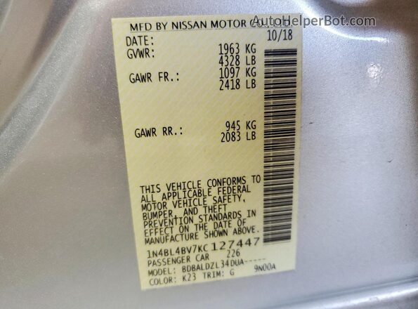 1N4BL4BV7KC127447 2019 NISSAN ALTIMA Серебряный 