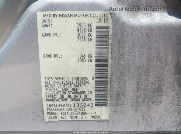 1N4BL4BV7KC135242 2019 NISSAN ALTIMA Silver Engine compartment view