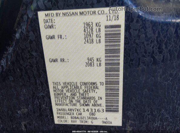 1N4BL4BV7KC143163 2019 NISSAN ALTIMA Blue Widok komory silnika
