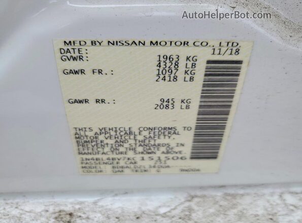 1N4BL4BV7KC151506 2019 NISSAN ALTIMA White Շարժիչի բաժամունքի տեսք