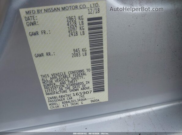 1N4BL4BV7KC165907 2019 NISSAN ALTIMA Silver Vista del compartimento del motor