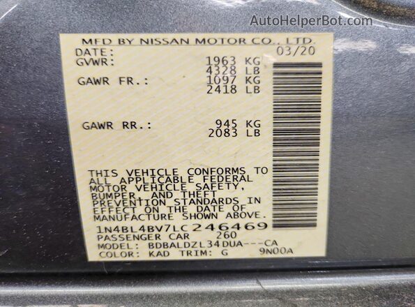 1N4BL4BV7LC246469 2020 NISSAN ALTIMA Серый 