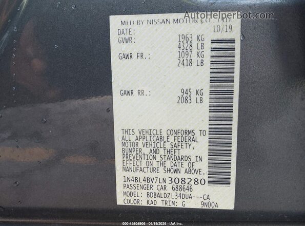 1N4BL4BV7LN308280 2020 NISSAN ALTIMA Gray Engine compartment view