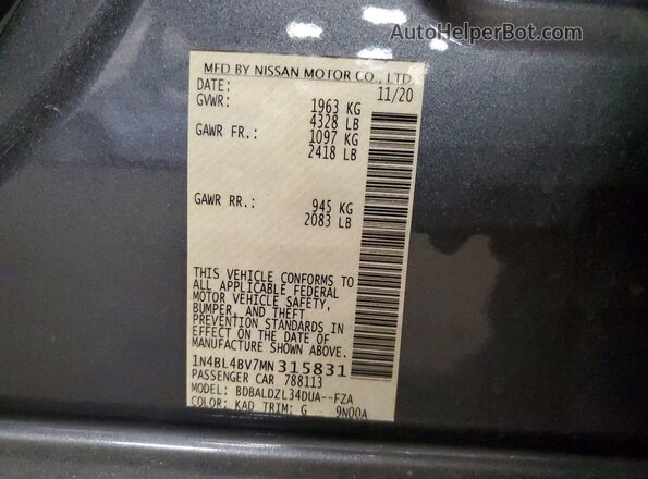 1N4BL4BV7MN315831 2021 NISSAN ALTIMA Серый Вид подкапотного пространства